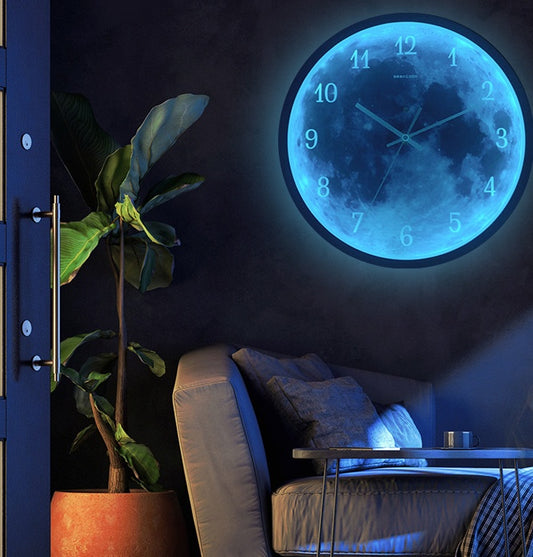 12-inch Luminous Blue Moon Wall Clock For Home Decoration - Sound/Mute Control - Simple Modern Room Decor
