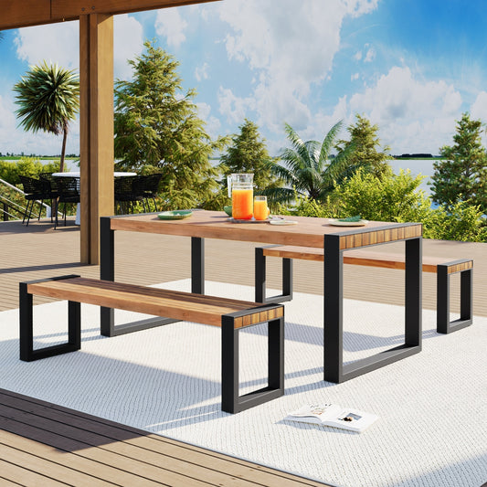 GO 3-pieces Outdoor Dining Table With 2 Benches, Patio Dining Set With Unique Top Texture, Acacia Wo