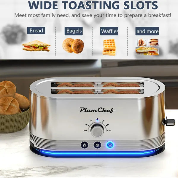 4-Slice Toaster, 7 Browning Settings, Defrost/Reheat Functions, Removable Crumb Tray, Full Body Stainless Steel Housing, Anti-Fingerprint, Anti-Jam, 1350W, Silver