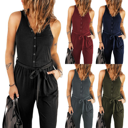 Women's Summer Sleeveless Solid Color V-Neck Waist Tie Jumpsuit