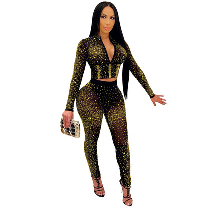 Women's Tight Mesh See-Through Long Sleeve Hot Drill Two Piece Pants Set