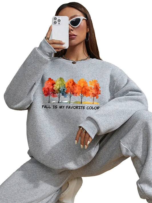 Women Basic Casual Pullover Spring Autumn Long Sleeve Maple Tree Printed Round Neck