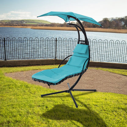 Hanging Chaise Lounger With Removable Canopy, Outdoor Swing Chair With Built-in Pillow, Hanging Curv