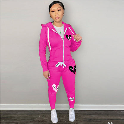 Zipper Printed Casual Hooded Sweater Set