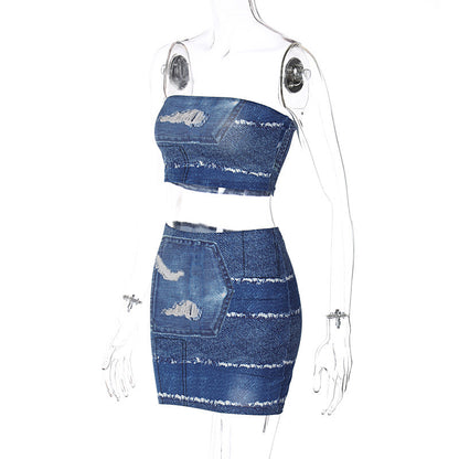 Imitation Denim Printed Small Wrap Chest And Buttocks Skirt Set