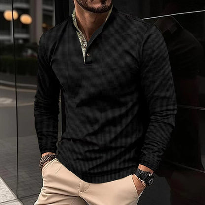 Men's Double Layer Lapel Polo Shirt Fashion Waffle Long-sleeved Tops Clothing ShopWithASmile7.com