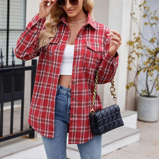 Trendy Loose-Fit Plaid Pocket Shirt for Women ShopWithASmile.com