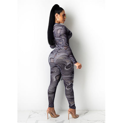 Printed Sexy Nightclub Long-Sleeved Mesh See-Through Jumpsuit