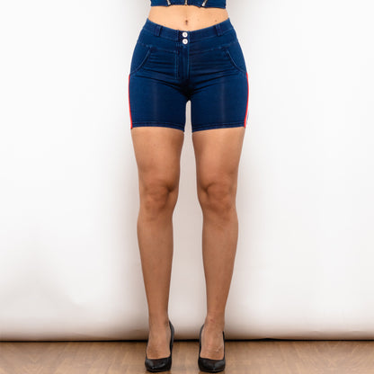 Shascullfites Melody Middle Waist Dark Blue Lift Jeggings Shorts With Stripe