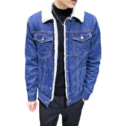 Plush Thick Denim Jacket Male Lamb Wool Denim Cotton Jacket Plus Size