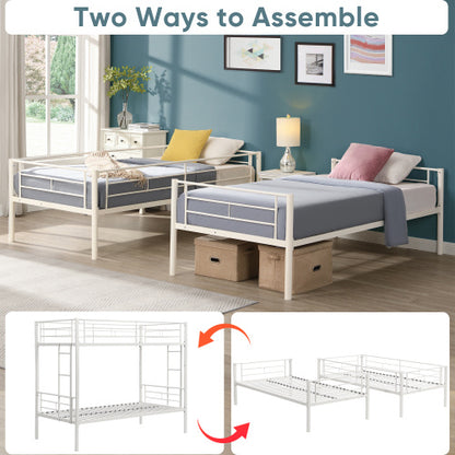 Twin Over Twin Metal Bunk Bed,Metal Structure Bedframe With Safety Guardrails And 2 Ladders,Convertible Bunkbeds,No Spring Box Required And Space Saving Design,White ShopWithASmile7.com