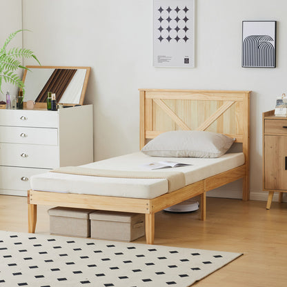 Slanted Headboard, No Footrest, Twin Wooden Bed In Natural Wood Color