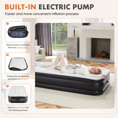 18-Inch Inflatable Mattress Air Bed with Built-In Pump – Twin & Queen Sizes, Comfortable Flocking Top, Portable & Durable for Camping, Travel, or Home Use