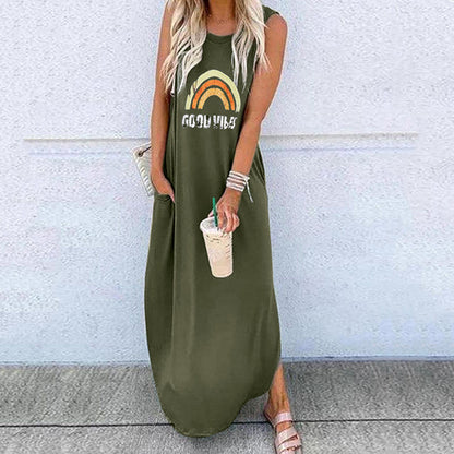Women's Round Neck Short Sleeve Loose Mid Length Dress
