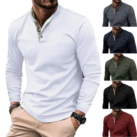 Men's Double Layer Lapel Polo Shirt Fashion Waffle Long-sleeved Tops Clothing ShopWithASmile7.com